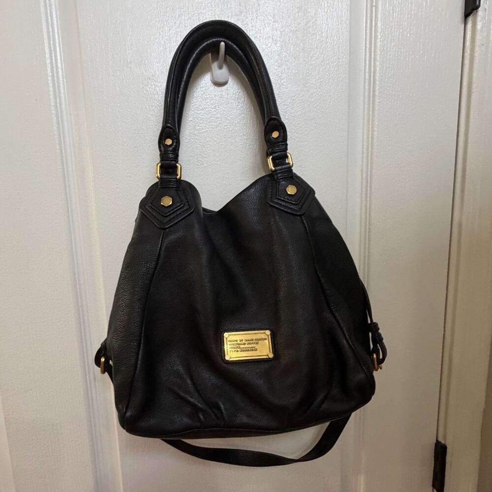 Marc Jacobs Black Leather Shoulder Bag with Gold Accents